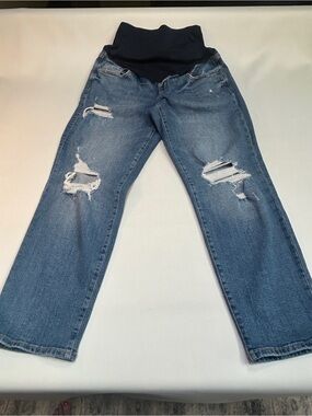 Old Navy Blue Distressed Maternity Flare Jeans with Black Waistband